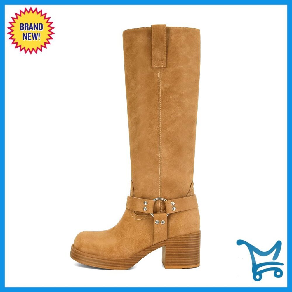 Leather Knee High Platform Heeled Boots Size 7 Chunky Heel
